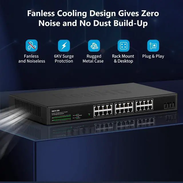 Alt view image 4 of 5 - 24 Port 2.5Gb Ethernet Network Switch 24 x 2.5 Gigabit Base-T Port | 2 x 10G SFP+ | Compatible with 10-100-1000Mbps | Fanless Metal Internet Switch | 19 Inch Rack Mount | 160G Bandwidth