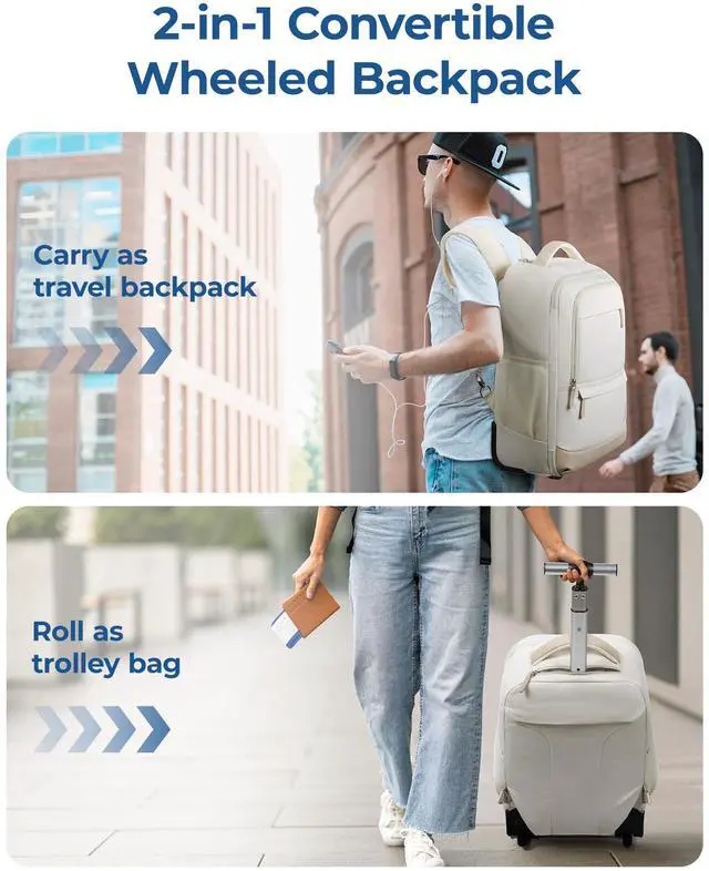 Alt view image 2 of 5 - BAGSMART Rolling Backpack, Water-Resistant Travel Laptop Backpacks with Wheels for Adults, 17 Inch Large Roller College Backpack Luggage Carry on with 2 Packing Cubes, Beige