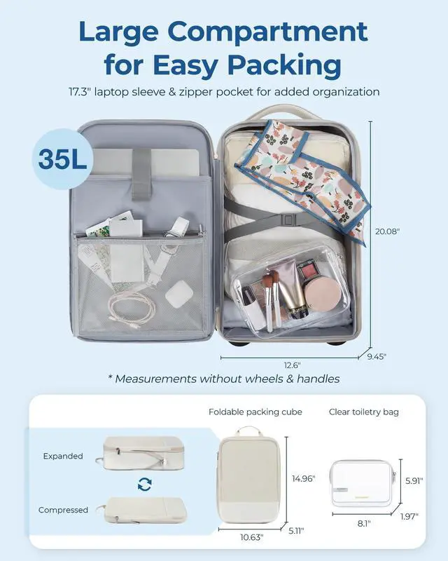 Alt view image 3 of 5 - BAGSMART Rolling Backpack, Water-Resistant Travel Laptop Backpacks with Wheels for Adults, 17 Inch Large Roller College Backpack Luggage Carry on with 2 Packing Cubes, Beige