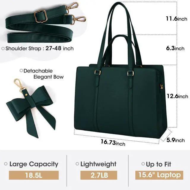 Alt view image 3 of 5 - Laptop Bag for Women 15.6 inch Laptop Tote Bag Waterproof Leather Computer Bag Large Lightweight Briefcase Professional Business Work Bag Dark Green