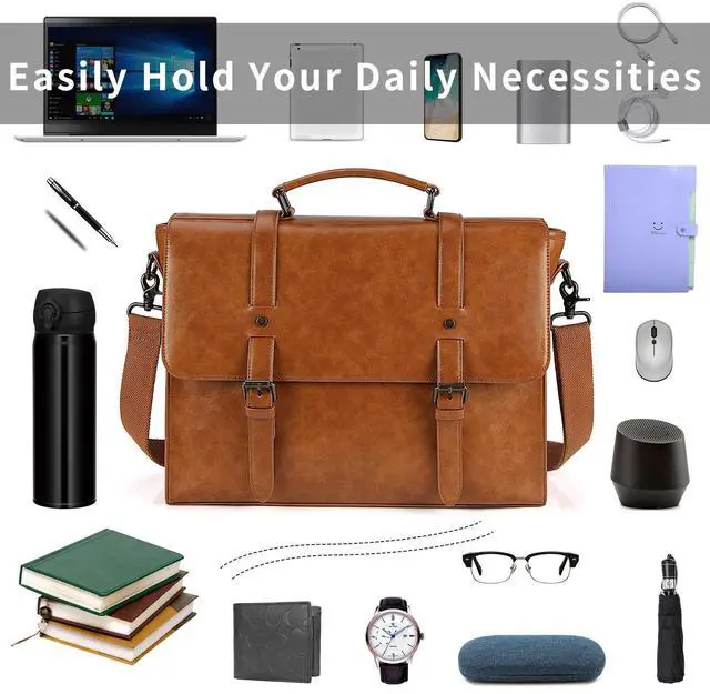 Alt view image 3 of 5 - Mens Messenger Bag Vintage 15.6 Inch Waterproof Leather Laptop Briefcase Large Satchel Shoulder Bag Retro Office College Computer Bag, Brown