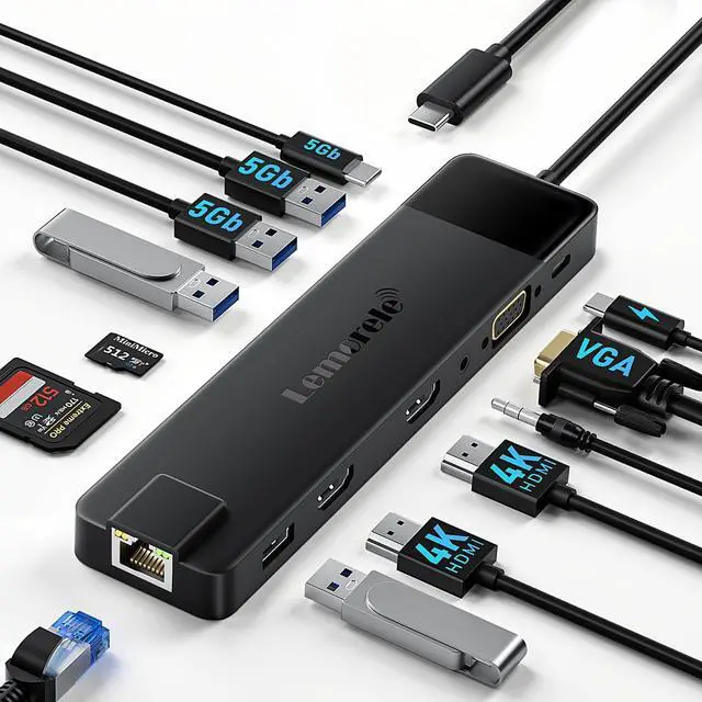 Main image of Lemorele 13 in 1 USB C Docking Station for Triple Monitors, Dual 4K HDMI, 1000M RJ45, VGA, 4 USB 3.0/2.0, SD/TF, 3.5MM Audio, USB C 3.0, 100W PD, Compatible with Type C Laptops