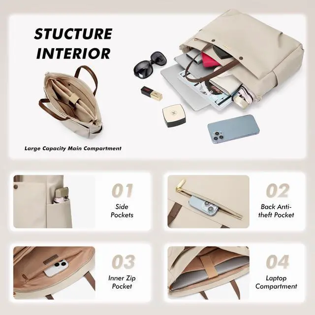 Alt view image 3 of 5 - Laptop Shoulder Bag 14 Inch, Computer Shoulder Bag Large Work Tote Bag for Women, Laptop Carrying Case Stylish Handbag for Business Travel (Apricot)