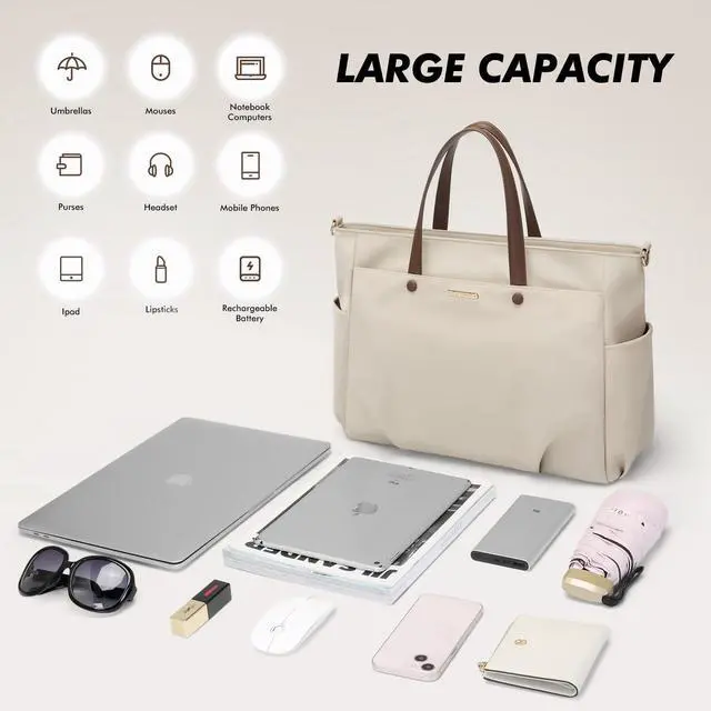 Alt view image 5 of 5 - Laptop Shoulder Bag 14 Inch, Computer Shoulder Bag Large Work Tote Bag for Women, Laptop Carrying Case Stylish Handbag for Business Travel (Apricot)