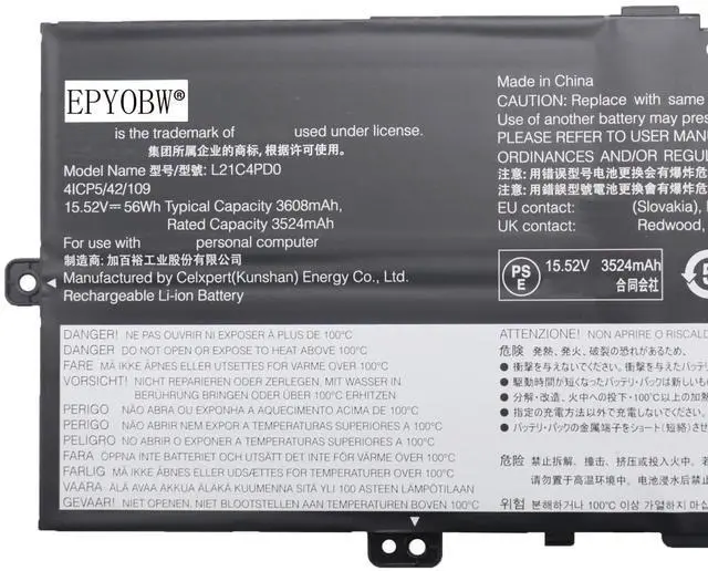 Alt view image 2 of 5 - EPYOBW L21C4PD0 Laptop Battery 56Wh 4-Cell Compatible with Lenovo ThinkBook 13s G4 ARB IAP/ThinkBook 13x G2 IAP/ThinkBook Plus G4 IRU Series SB11N51747 5B11N51750 L21B4PD0 L21M4PD0