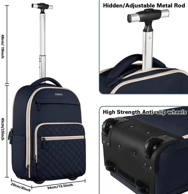 Alt view image 5 of 5 - ZOMFELT Rolling Backpack for Women Men, Travel Backpack with Wheels, 17 Inch Laptop Backpack with Toiletry Bag, Carry on Luggage Wheeled Backpack for Travel Trip Business Blue