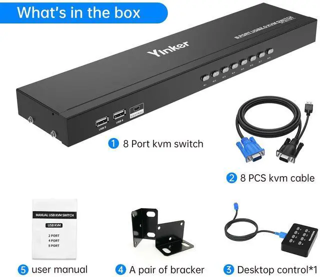Alt view image 5 of 5 - Yinker VGA KVM 8 Port Rackmount Switch + 8 KVM Cables + 4 USB Hubs + Wired Desktop Selector + Rack Mount Ears