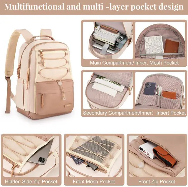 Alt view image 2 of 5 - WINDARS School Backpack for Teens Girls, Aesthetic College Backpack Large Bookbag for Women Students Fashion 15.6 Inch Laptop Bag for Work Travel (Khaki Beige)