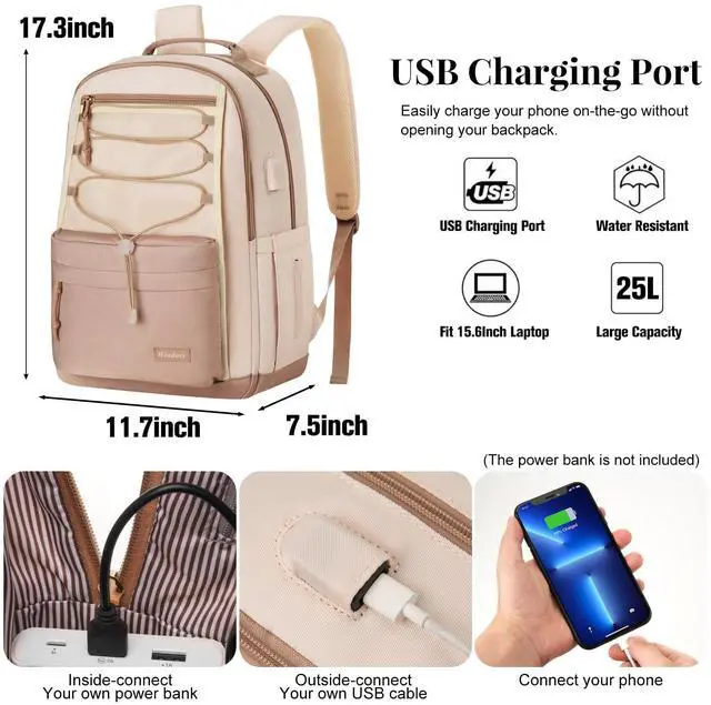 Alt view image 5 of 5 - WINDARS School Backpack for Teens Girls, Aesthetic College Backpack Large Bookbag for Women Students Fashion 15.6 Inch Laptop Bag for Work Travel (Khaki Beige)