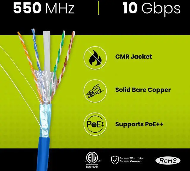 Alt view image 2 of 5 - trueCABLE Cat6 Shielded Riser (CMR), 500ft, Blue, 23AWG Solid Bare Copper, 550MHz, PoE++ (4PPoE), ETL Listed, Overall Aluminum Foil Shield (F/UTP), Bulk Ethernet Cable