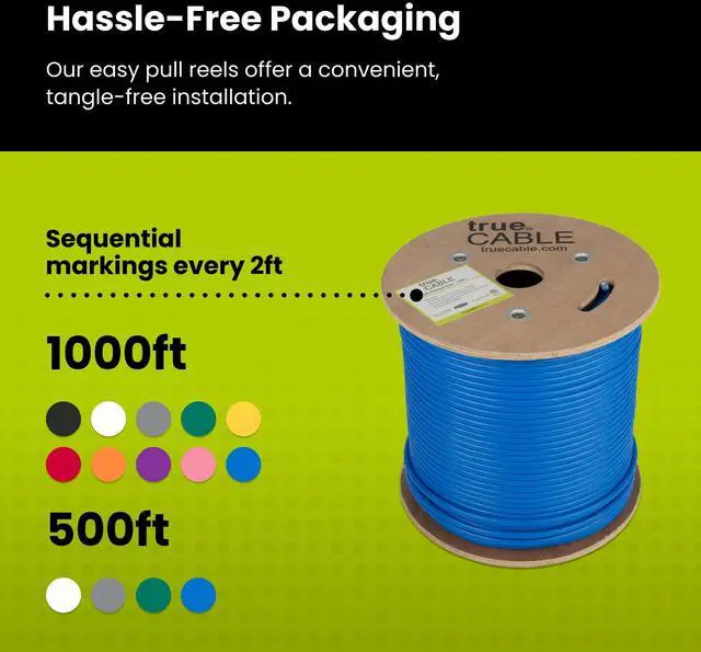 Alt view image 5 of 5 - trueCABLE Cat6 Shielded Riser (CMR), 500ft, Blue, 23AWG Solid Bare Copper, 550MHz, PoE++ (4PPoE), ETL Listed, Overall Aluminum Foil Shield (F/UTP), Bulk Ethernet Cable