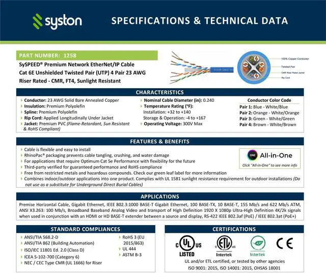 Alt view image 3 of 5 - Cat 6E Ethernet Network Cable - 500 FT, 600MHz 23AWG Solid Bare Copper Wire Outdoor/Indoor, Bulk No Ends 10 Ft to 1000 Ft Available, Heat Resistant Riser Rated - CMR