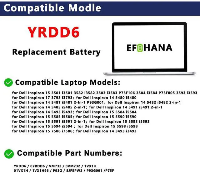 Alt view image 3 of 5 - YRDD6 1VX1H Laptop Battery Replace for Dell Inspiron 5482 5485 7586 3583 5491 5591 5481 3310 5488 2-in-1 5593 5584 3493 3593 3793 5480 3582 5581 3584 P93G001 VM732 P75F 3491 5490 11.4V 42Wh/3500mAh