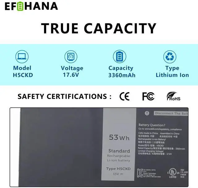 Alt view image 4 of 5 - 53Wh H5CKD Laptop Battery for Dell Latitude 3410 3510 Vostro 5300 5301 5401 5501 5402 Inspiron 5300 5401 5408 5409 5501 5508 5400 5406 5509 7405 7300 7500 7306 7405 7506 2-in-1 Silver Edition 7T8CD
