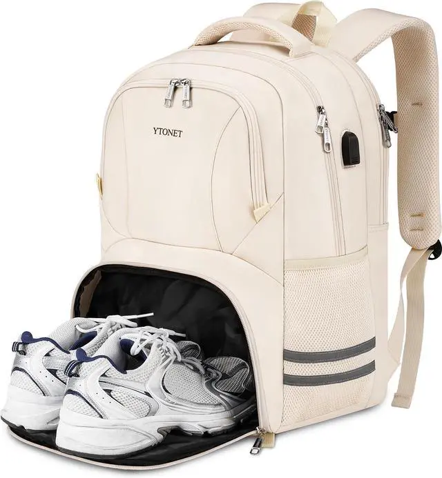 Main image of Ytonet Gym Backpack For Women Men, Travel Backpack With Shoe Compartment USB Charging Port, Sport Water Resistant Carry on Bag Fit 15.6 Inch Laptop, Camping, Workout, Hiking, College, Beige