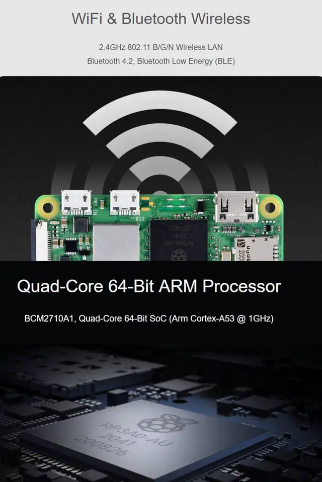 Alt view image 4 of 5 - Pi Zero 2 W Basic Kit with Pre-Soldered Color-Coded Header Raspberry Pi Zero 2 W + Mini HDMI to HDMI Adapter + Micro USB OTG Cable, Five Times Faster, Quad-core ARM Processor