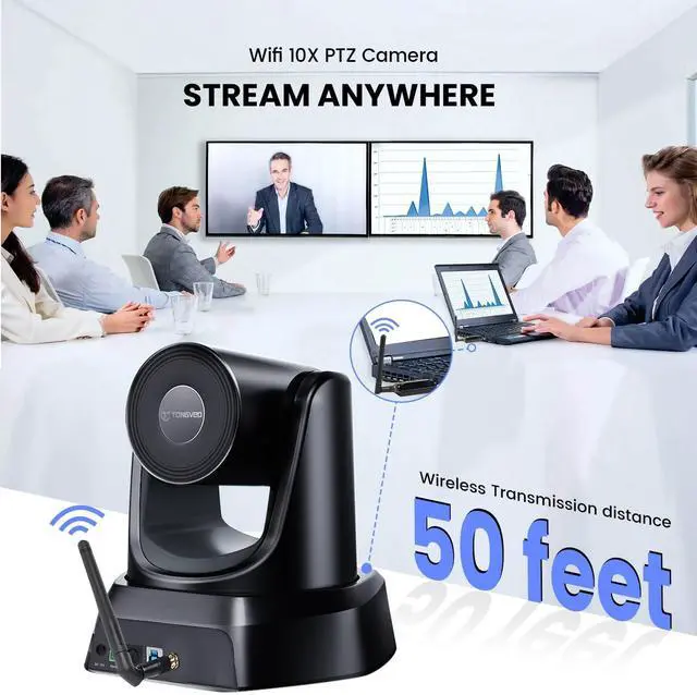 Alt view image 2 of 5 - TONGVEO 5.8GHz Wireless Conference Room Webcam, Church Live Streaming 3X USB 1080P 60fps PTZ Camera for Worship Services Online Conference, Works with Zoom, OBS Easy to Set Up