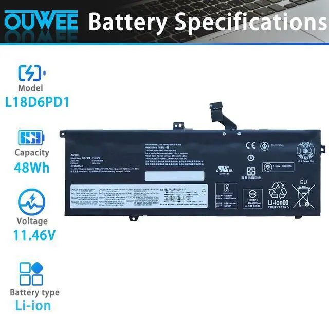 Alt view image 2 of 5 - OUWEE L18D6PD1 Laptop Battery Compatible with Lenovo ThinkPad X13 X390 X395 Series L18M6PD1 SB10K97655 02DL017 L18M6PD2 02DL018 L18C6PD1 SB10K97657 02DL019 02DL020 11.46V 48Wh 4190mAh