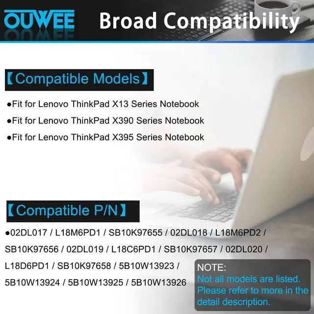 Alt view image 3 of 5 - OUWEE L18D6PD1 Laptop Battery Compatible with Lenovo ThinkPad X13 X390 X395 Series L18M6PD1 SB10K97655 02DL017 L18M6PD2 02DL018 L18C6PD1 SB10K97657 02DL019 02DL020 11.46V 48Wh 4190mAh