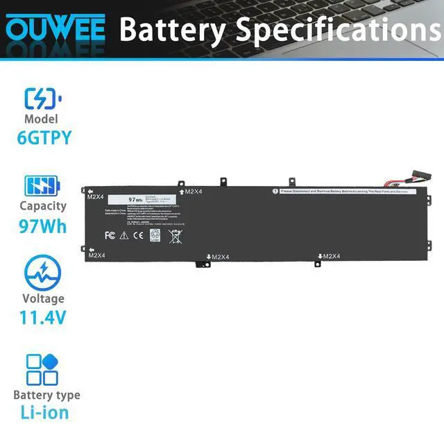 Alt view image 2 of 5 - OUWEE 6GTPY Laptop Battery for Dell XPS 15 9560 9570 9550 7590 Precision 5510 5520 5530 Vostro 7500 5XJ28 i7-7700HQ 5D91C GPM03 4GVGH 1P6KD 97WH 11.4V