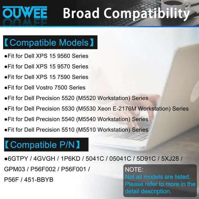 Alt view image 3 of 5 - OUWEE 6GTPY Laptop Battery for Dell XPS 15 9560 9570 9550 7590 Precision 5510 5520 5530 Vostro 7500 5XJ28 i7-7700HQ 5D91C GPM03 4GVGH 1P6KD 97WH 11.4V