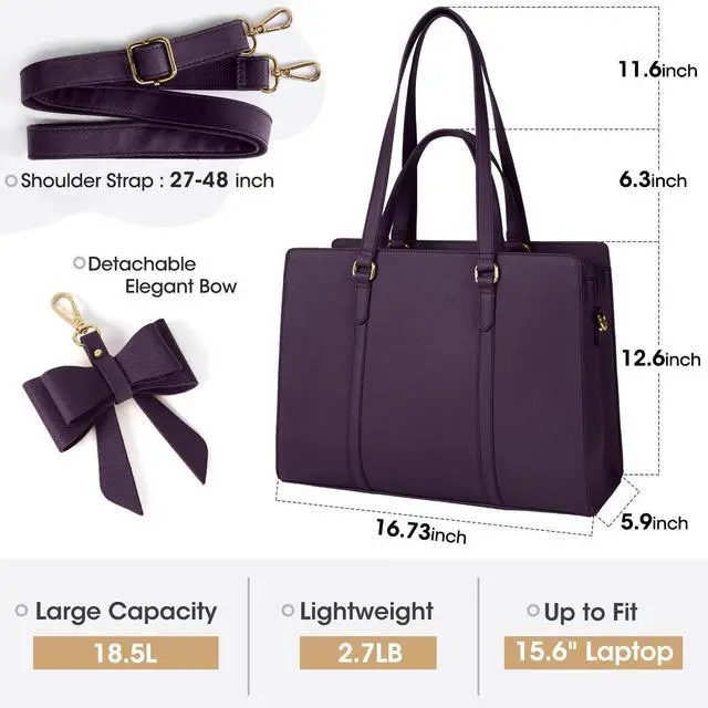 Alt view image 3 of 5 - Laptop Bag for Women 15.6 inch Laptop Tote Bag Waterproof Leather Computer Bag Large Lightweight Briefcase Professional Business Work Bag Dark Purple