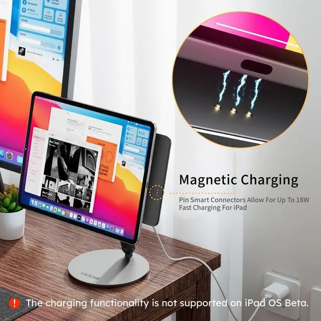 Alt view image 3 of 5 - LULULOOK Magnetic Wireless Charging Stand for iPad Pro 11" M4 (2024) Only, 360° Rotating Base with Anti-Slip Pad, Aluminium Alloy Foldable iPad Pro Stand Tablet Holder for Desk, USB C Cable Included