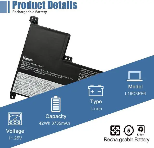 Alt view image 2 of 5 - VANPIR L19C3PF6 Laptop Battery 11.25V 42Wh 3735mAh Replacement for Lenovo IdeaPad 3-17ADA05 3-17ARE05 3-17IIL05 3-17IML05 Series SB10W89847 L19L4PF2 5B10W89846 L19D4PF2 5B10W89835 5B10W89838 L19L3PF4