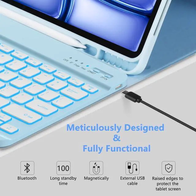 Alt view image 5 of 5 - MMK for iPad Air 13 inch (M2) 2024 & for iPad Pro 12.9 Case with Keyboard, Keyboard case for iPad Pro 12.9 inch 6th 5th & iPad Air 13 inch, Backlit Bluetooth Wireless Keyboard with Pencil Holder,Blue