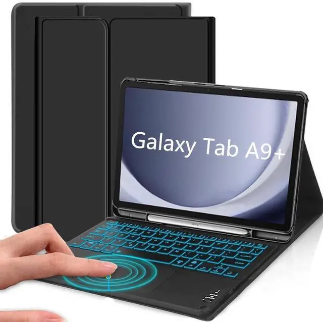 Main image of QYiiD Case with Keyboard for Galaxy Tab A9 Plus 11 inch (SM-X210/X216/X218), 7 Color Backlit, Smart Touchpad, Detachable Keyboard Synthetic Leather Cover with S Pen Holder for 11 Tab A9+ 2023, Black