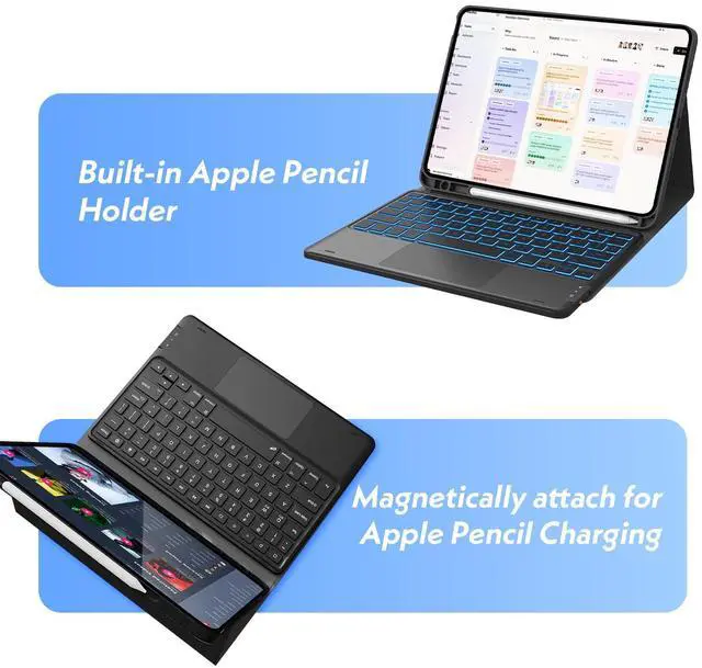 Alt view image 5 of 5 - QYiiD Backlit Touchpad Keyboard Case for iPad Pro 12.9" 2017/2015, Magnetically Detachable Wireless Bluetooth Keyboard Cover with Pencil Holder for iPad Pro 12.9 1st / 2nd Gen, Black