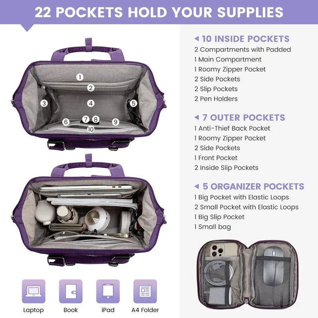 Alt view image 3 of 5 - LOVEVOOK 17 inch Laptop Backpack for Women, Teacher Nurse Work Travel Backpacks Purse,Computer Bag with USB Charging Port, Purple