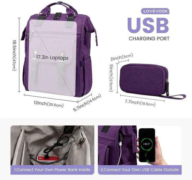 Alt view image 4 of 5 - LOVEVOOK 17 inch Laptop Backpack for Women, Teacher Nurse Work Travel Backpacks Purse,Computer Bag with USB Charging Port, Purple