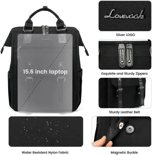 Alt view image 2 of 5 - LOVEVOOK Laptop Backpack for Women, 15.6 Inch Work Business Backpacks Purse, Large Capacity Teacher Nurse Bag Work Travel Computer Backpacks, College Bookbag for School, Water Resistant Daypack, Black