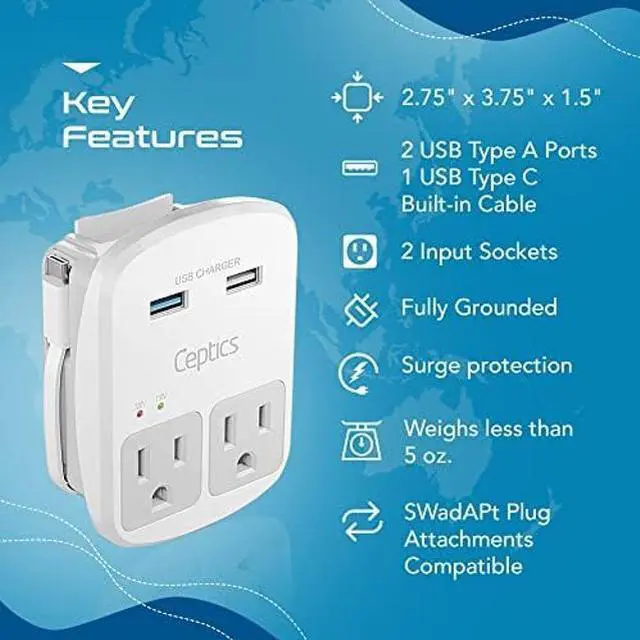 Alt view image 4 of 5 - Ceptics Safest Travel Adapter Kit, Dual USB for iPhone, Chargers, Cell Phones, Laptop Perfect for Travelers - 3.6A with Qc. 3.0 Charge Faster