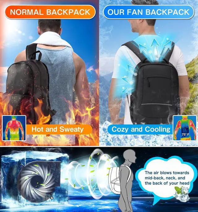 Alt view image 2 of 5 - PANGTIKU Travel Laptop Cooling Backpack for Men - Sweat Proof Hiking Backpacks with Fan Airflow Ventilation Waterproof