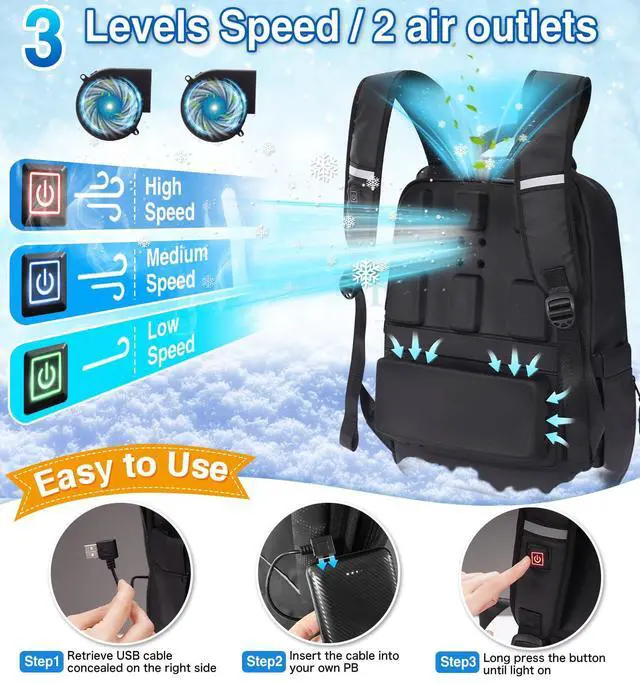 Alt view image 3 of 5 - PANGTIKU Travel Laptop Cooling Backpack for Men - Sweat Proof Hiking Backpacks with Fan Airflow Ventilation Waterproof