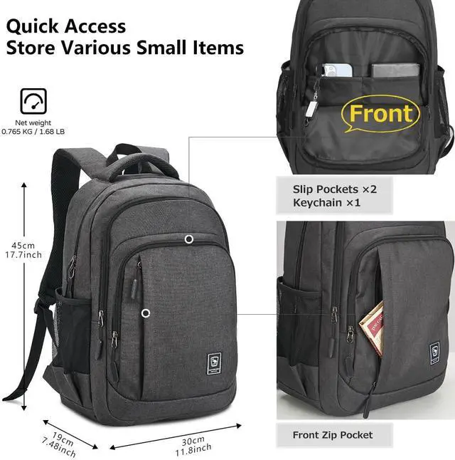 Alt view image 3 of 5 - WIRABO Work Backpack for Men Travel Laptop Backpack Water-Resistant 15.6 Inch Computer Backpack Business All Black