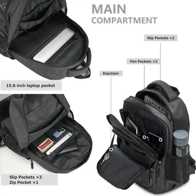 Alt view image 4 of 5 - WIRABO Work Backpack for Men Travel Laptop Backpack Water-Resistant 15.6 Inch Computer Backpack Business All Black