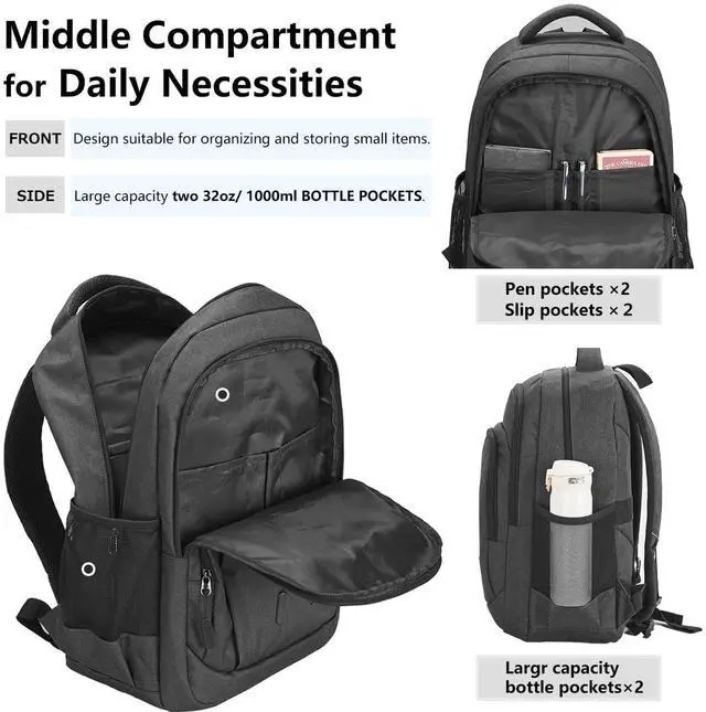 Alt view image 5 of 5 - WIRABO Work Backpack for Men Travel Laptop Backpack Water-Resistant 15.6 Inch Computer Backpack Business All Black