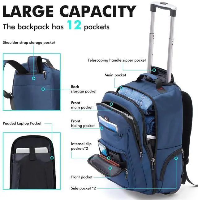 Alt view image 2 of 5 - WIRABO Rolling Backpack for Adults, 17.3 inch Laptop Wheeled Backpack, Travel Backpack with Wheels, Carry on Luggage Business Trolley Suitcase Computer Bag Men Women Blue