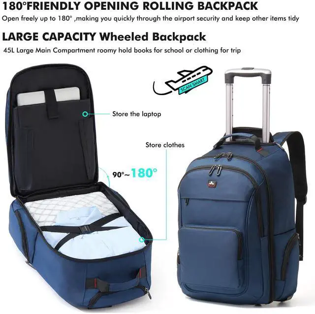 Alt view image 3 of 5 - WIRABO Rolling Backpack for Adults, 17.3 inch Laptop Wheeled Backpack, Travel Backpack with Wheels, Carry on Luggage Business Trolley Suitcase Computer Bag Men Women Blue