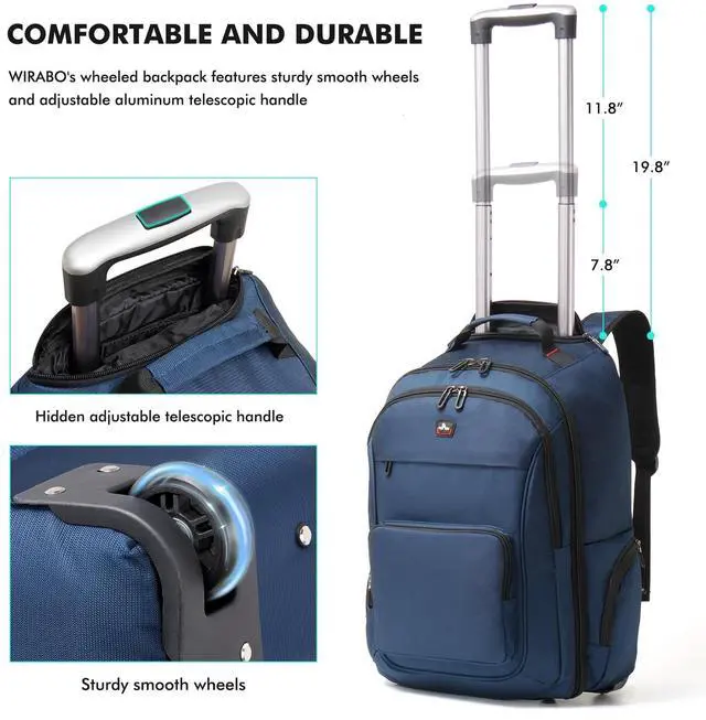 Alt view image 5 of 5 - WIRABO Rolling Backpack for Adults, 17.3 inch Laptop Wheeled Backpack, Travel Backpack with Wheels, Carry on Luggage Business Trolley Suitcase Computer Bag Men Women Blue