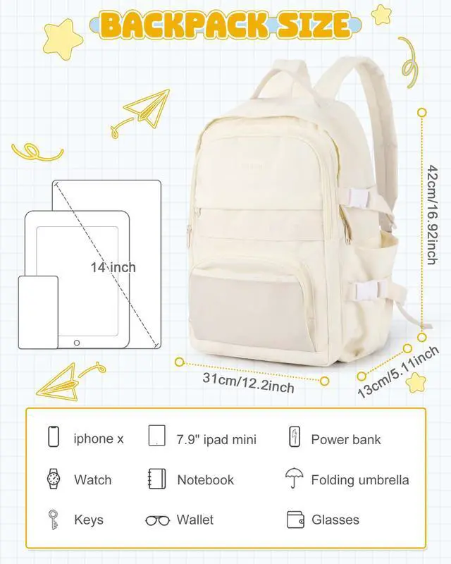 Alt view image 2 of 5 - VGOCO School Backpack for Teen Girls Boys Multi-pocket Middle School Bag Cute College Backpacks for Women Men Elementary Student Bookbags Aesthetic Backpack Casual Daypacks White