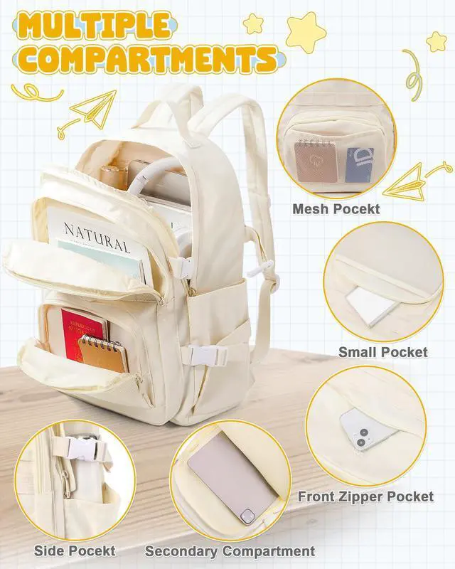 Alt view image 3 of 5 - VGOCO School Backpack for Teen Girls Boys Multi-pocket Middle School Bag Cute College Backpacks for Women Men Elementary Student Bookbags Aesthetic Backpack Casual Daypacks White