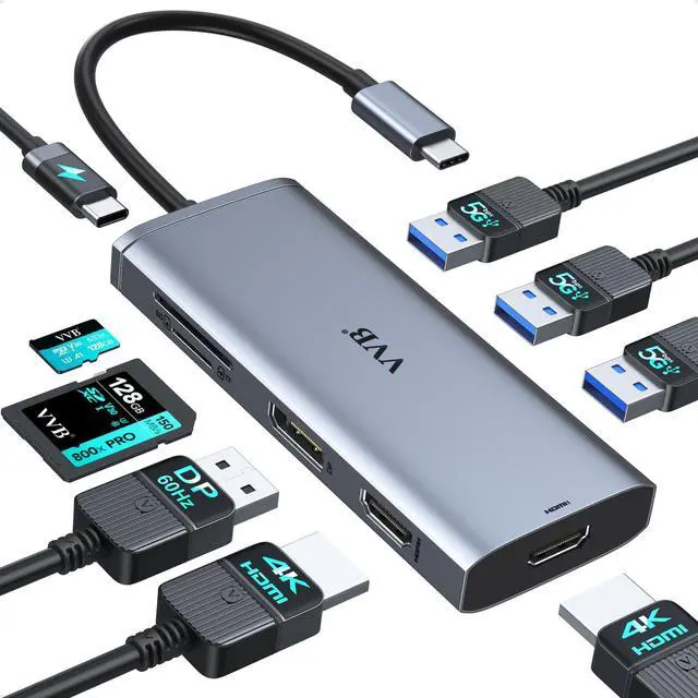 Main image of Docking Station VVB USB C Adapter,9 in 1 Triple Display USB C Hub Multiport Adapter Dongle with 2 HDMI 4K+DisplayPort+3 USB+100W PD+SD/TF Card Reader for Dell/HP/Lenovo Laptop Type C Laptops