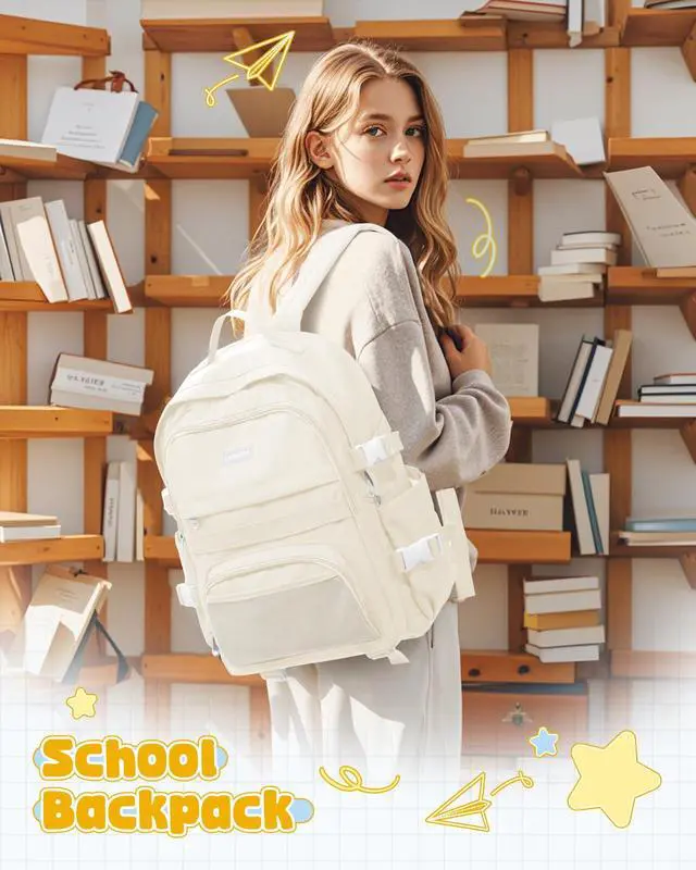Alt view image 5 of 5 - VGOCO School Backpack for Teen Girls Boys Multi-pocket Middle School Bag Cute College Backpacks for Women Men Elementary Student Bookbags Aesthetic Backpack Casual Daypacks White