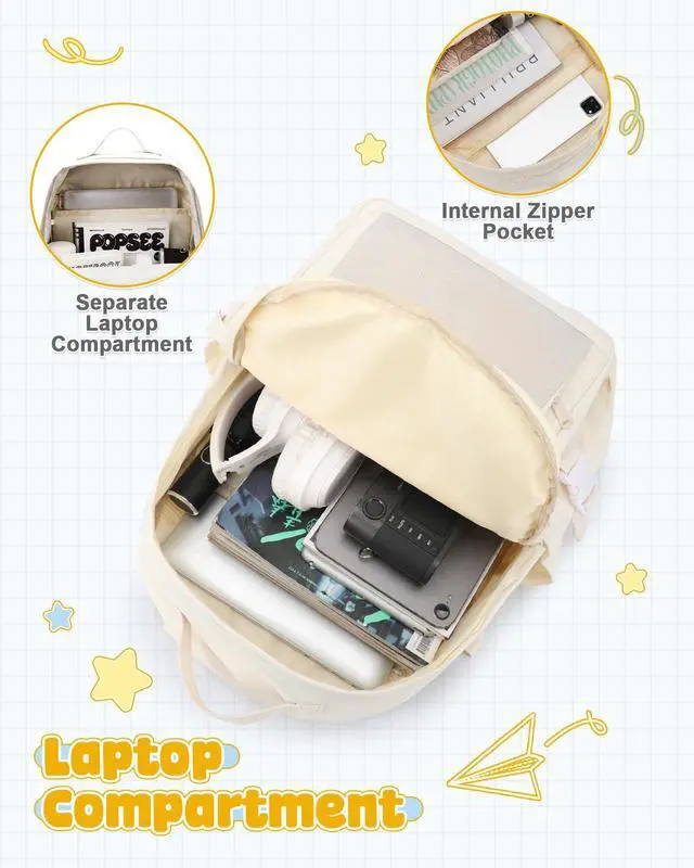 Alt view image 4 of 5 - VGOCO School Backpack for Teen Girls Boys Multi-pocket Middle School Bag Cute College Backpacks for Women Men Elementary Student Bookbags Aesthetic Backpack Casual Daypacks White