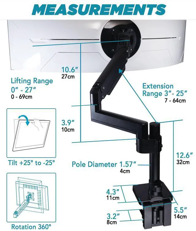 Alt view image 5 of 5 - ULTRARM Heavy Duty Monitor Arm for Ultrawide Monitors up to 57" and 44 lbs, Single Desk Stand, Pneumatic Height Adjustable, Modular Extension Arms - Max VESA 100x100, Black, MA20P-S