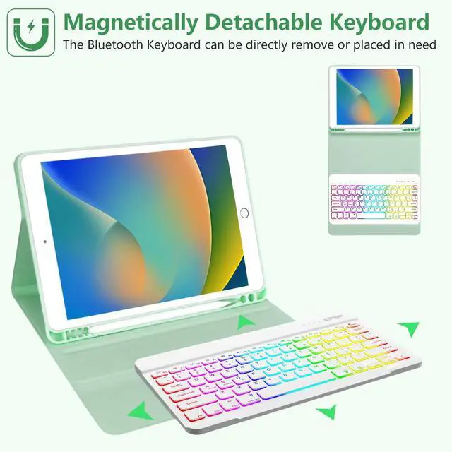 Alt view image 4 of 5 - MORECOO for iPad 9th Generation Case with Keyboard, 7 Color Backlit Wireless Keyboard with Pencil Holder for 10.2 inch iPad 8th / 7th, for iPad Pro 10.5 inch 2017, for iPad Air 3rd Gen (Mint Green)